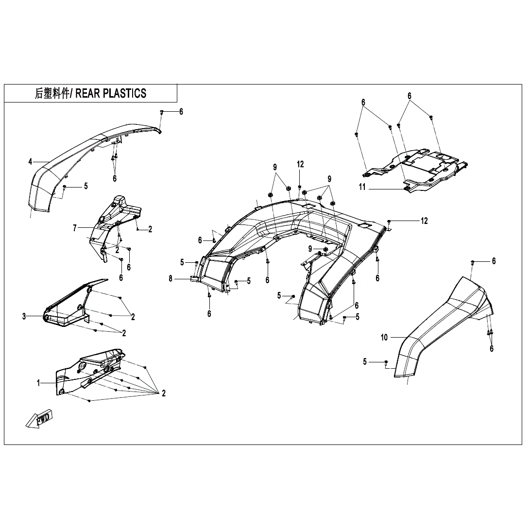 An Image of a genuine CFMOTO Parts Schematic Diagram showing the group - REAR PLASTICS - 2020 CFMOTO CFORCE 600 Touring