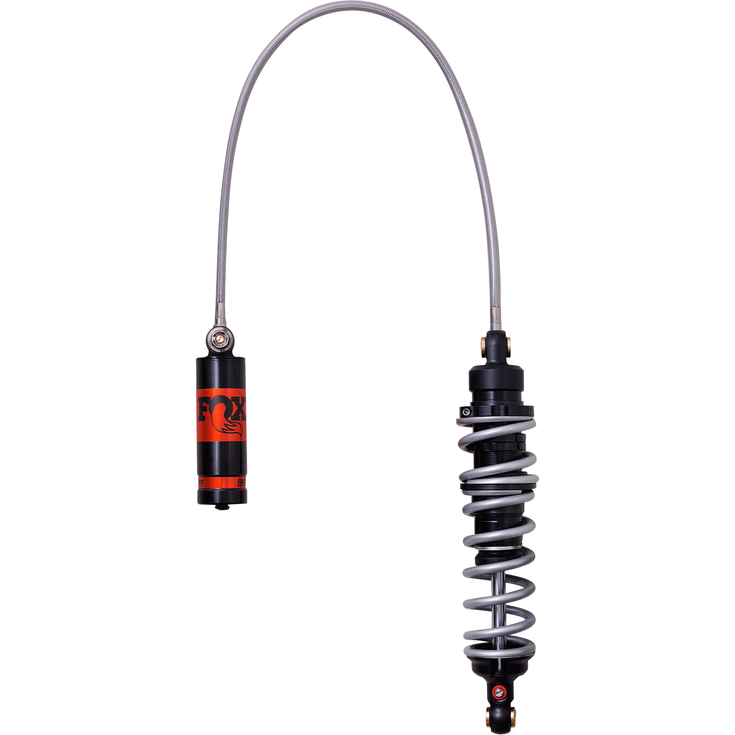 The Yamaha YFM700 Raptor Single Spring Black 2.0 Podium RC2 Shock by Fox features a coiled spring, remote reservoir on a flexible hose, black and silver finish, orange FOX logo, and durable Kashima coat for enhanced performance.
