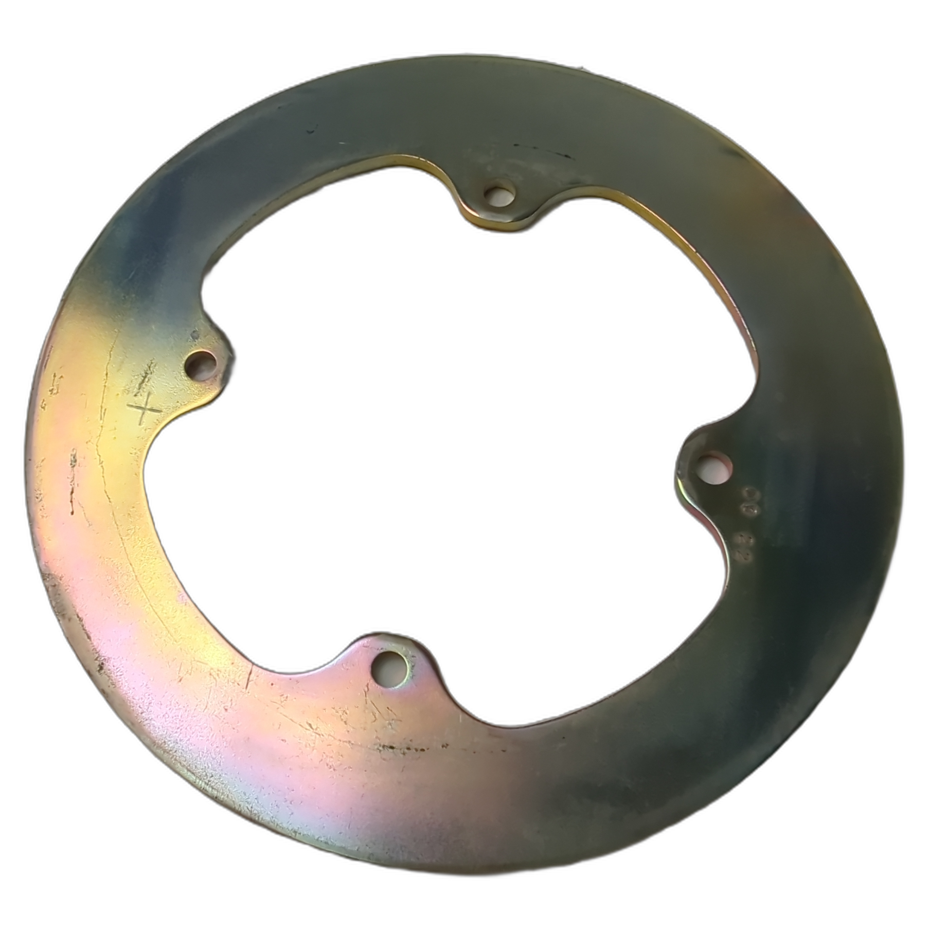 Round metallic brake disc with three mounting holes and a smooth surface finish.
