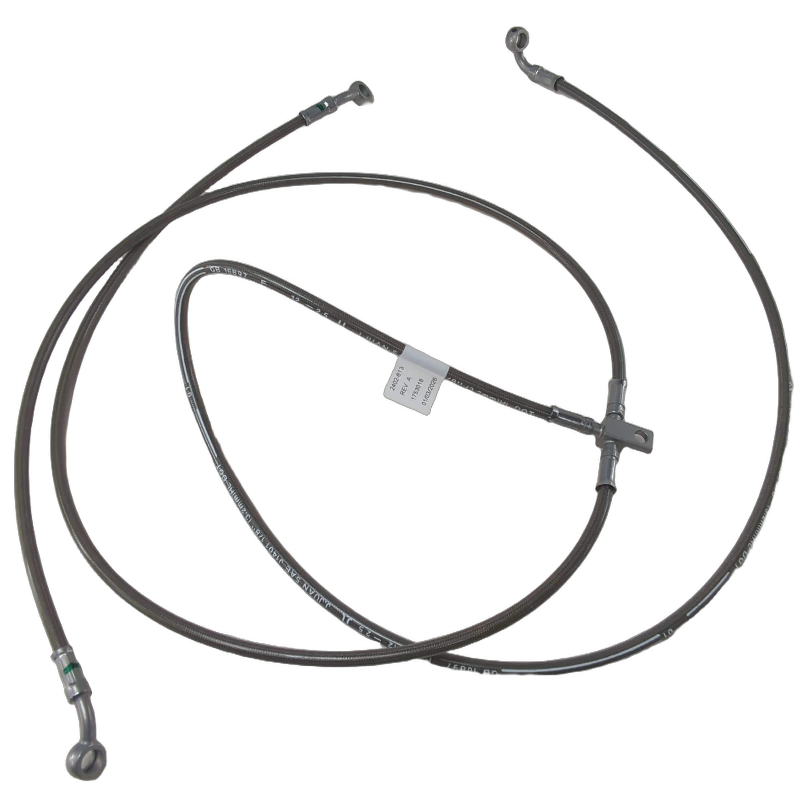 Black flexible brake hose with metal fittings and a T-shaped connector designed for Arctic Cat UTV brake systems.