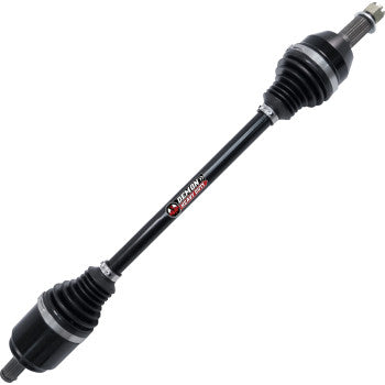 A heavy-duty black front left & right axle shaft for Polaris, made from high-strength chromoly steel with rubber boots and CV joints at both ends, labeled Demon Powersports.