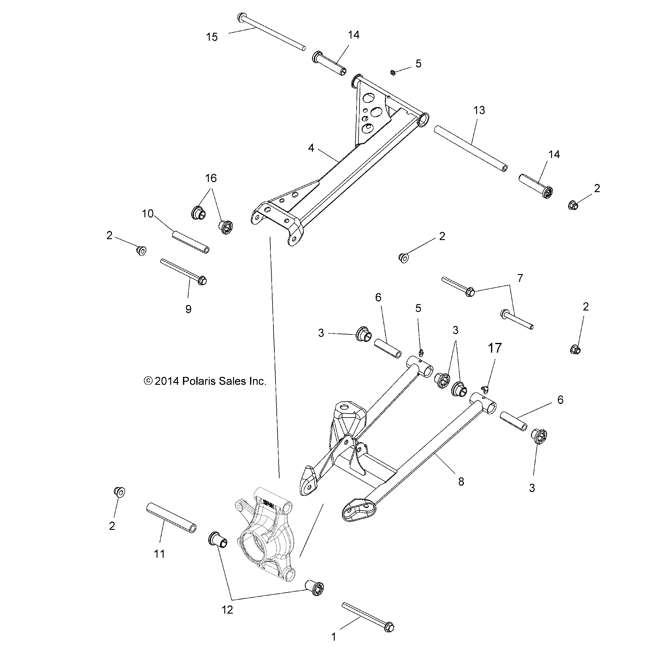 An Image of a Genuine Polaris Parts Schematic Diagram showing the schematic - SUSPENSION: REAR - 2015 POLARIS SPORTSMAN 1000 XP