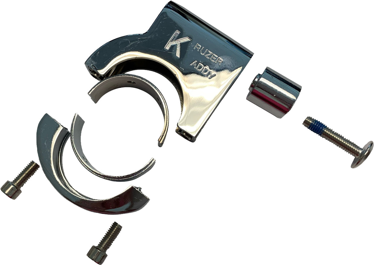 The Replacement Mount 1.5In Bars Chrome by Kruzer Kaddy includes chrome-plated parts and screws, shown on a white background—ideal for attaching bar mount clamps or cup holders to your bike.