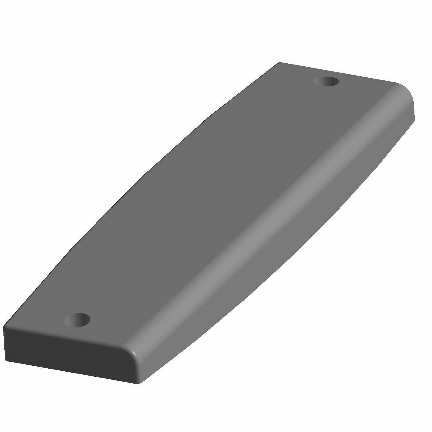 Gray elongated rectangular taillight housing with two mounting holes on a flat surface.