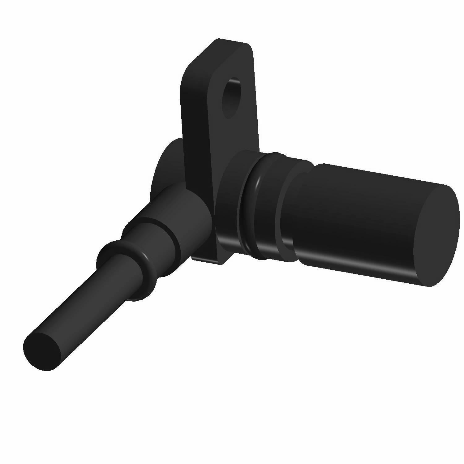 Black cylindrical crank position sensor with mounting bracket and extended probe tip.