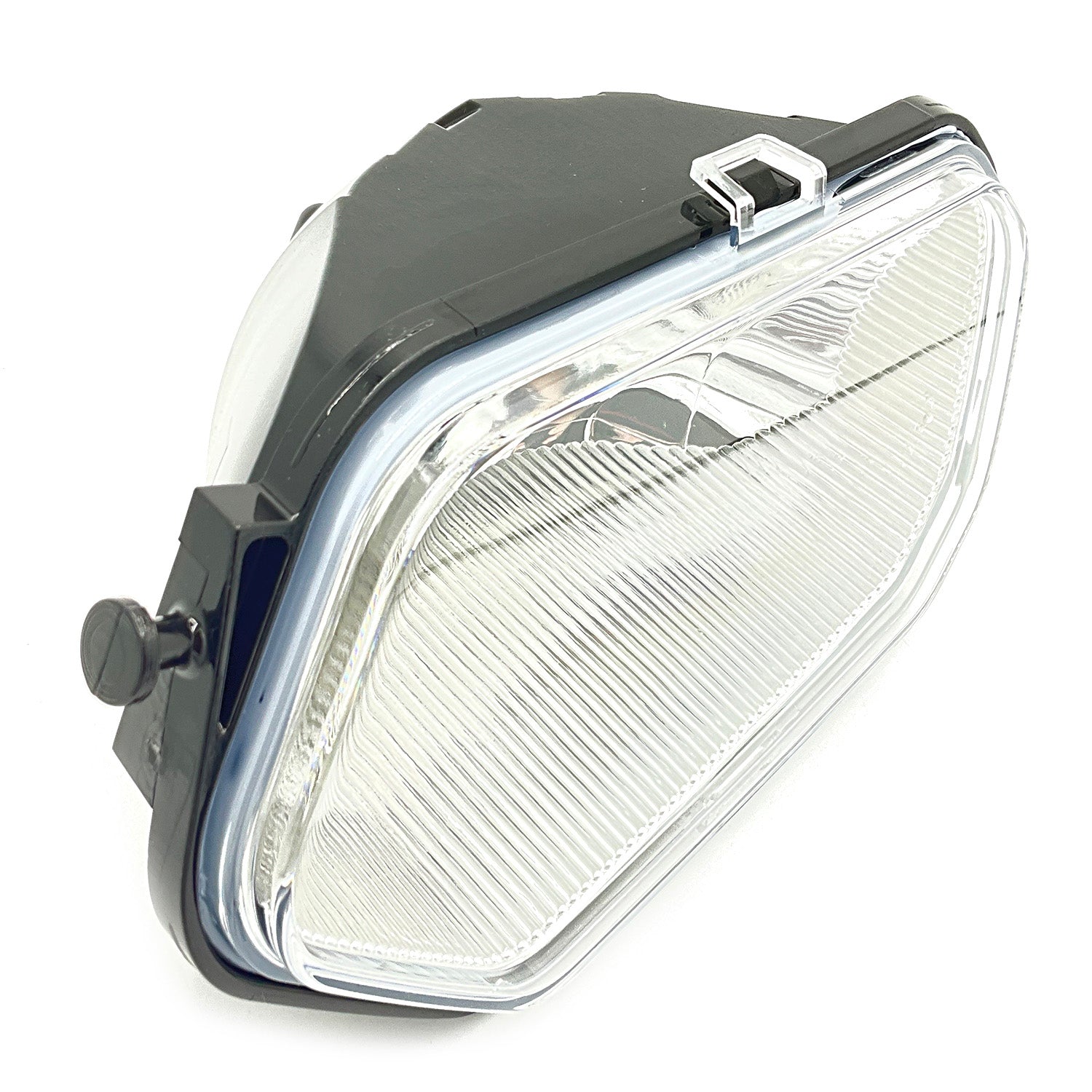 Left side Polaris headlight with clear ribbed lens and black housing.