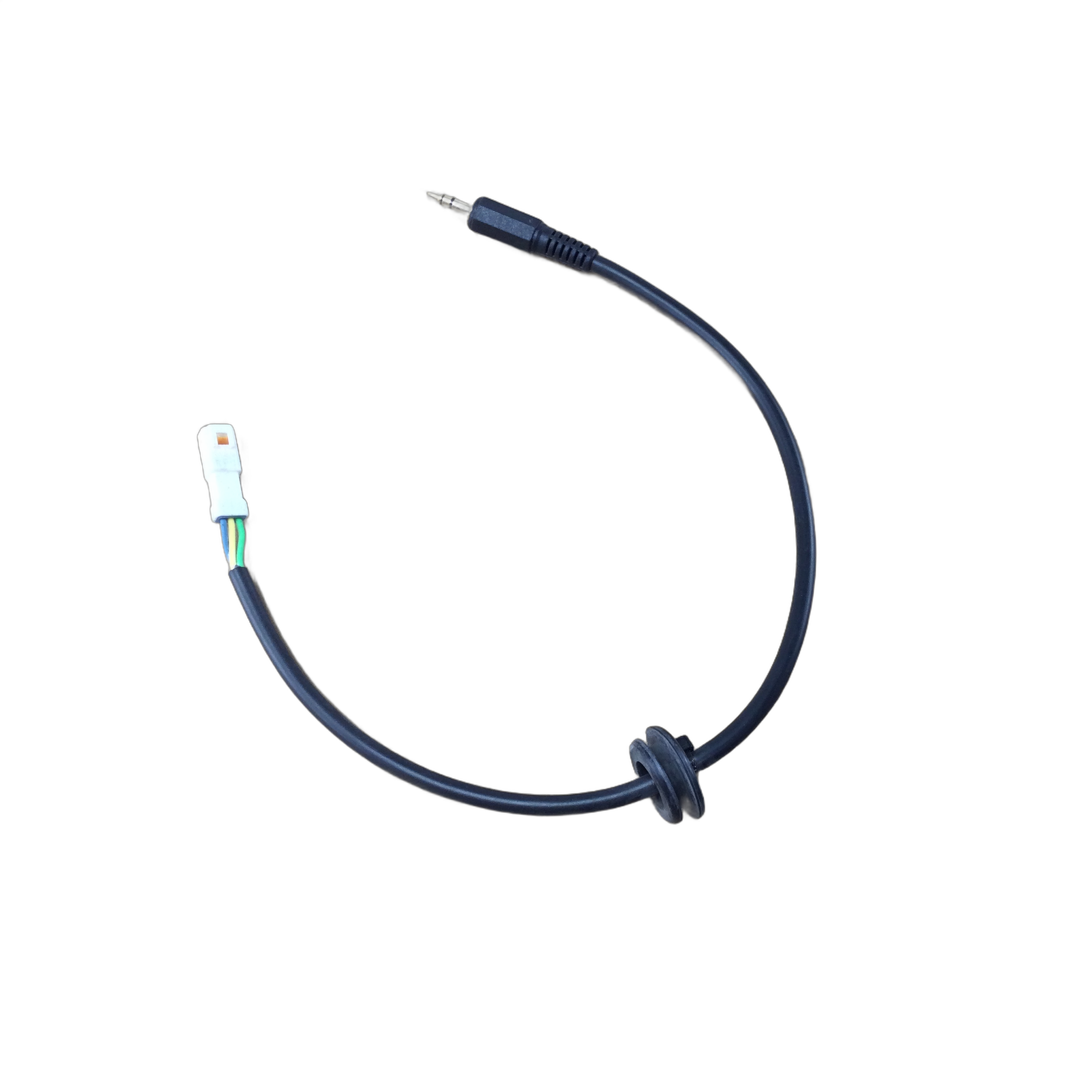 The Cord, Aux. Audio by Polaris features a black cable with a 3.5mm jack on one end and a white connector on the other, loosely coiled on a white background—perfect for OEM Victory Polaris or Victory motorcycle parts setups.