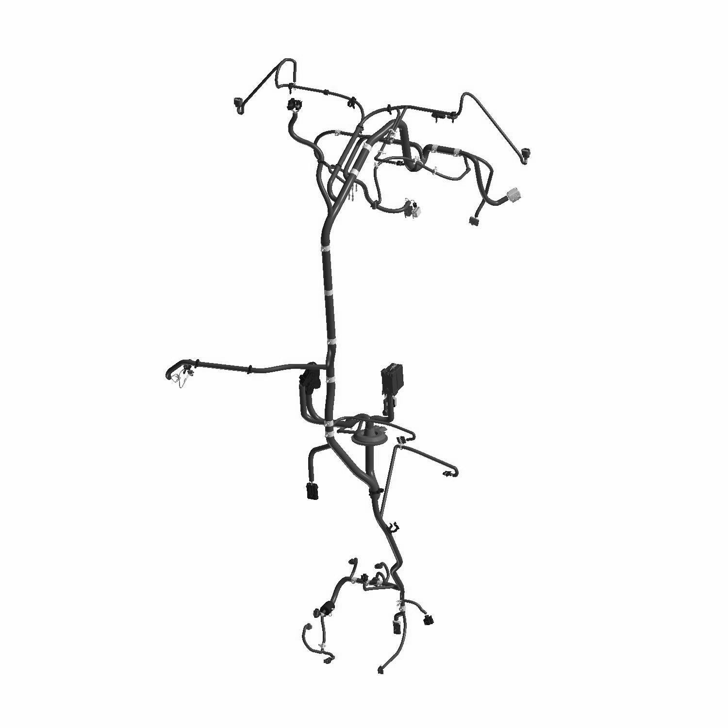 Black molded plastic and rubber chassis wiring harness with multiple connectors and mounting points for Polaris Ranger XP.