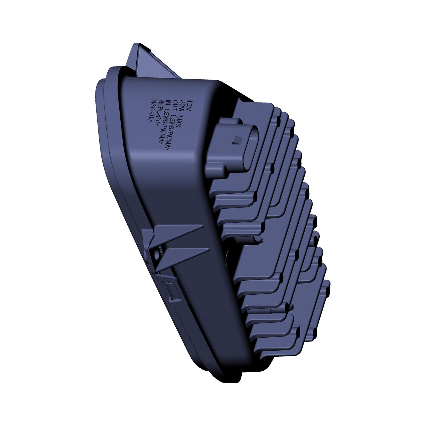 Black plastic left headlight housing for Polaris offroad UTV with layered cooling fins and connector ports.