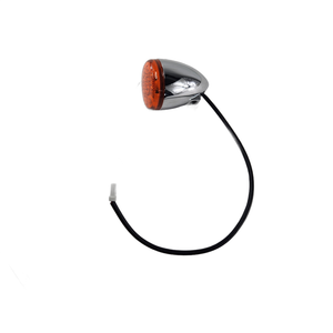 The Turn Signal, Front Chrome by Polaris for Indian motorcycles features a chrome housing, orange lens, and a long black wire with a white connector—an essential OEM part, shown isolated on a white background.