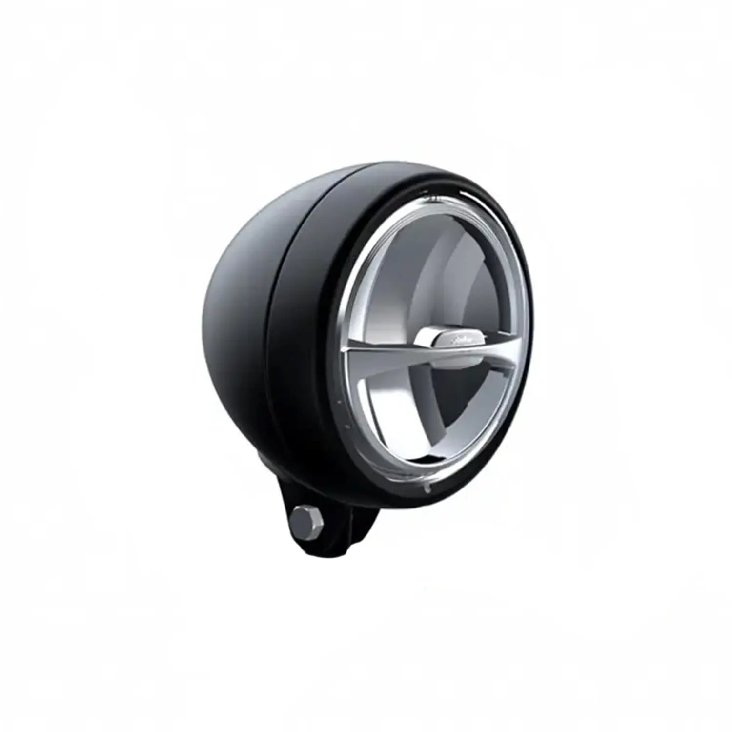 Round black motorcycle fog light with silver crossbar and mounting bracket at base.