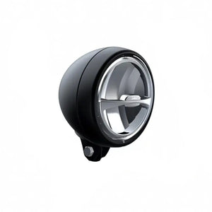 Round black motorcycle fog light with silver crossbar and mounting bracket at base.