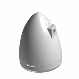 Glossy white, teardrop-shaped motorcycle rear turn signal housing with smooth curved surface.