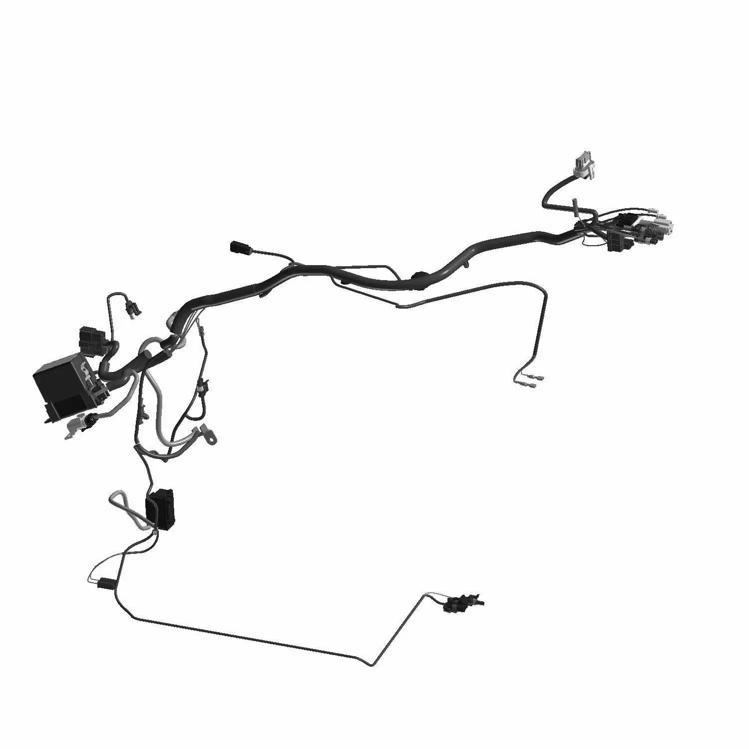 Black ABS plastic and metal motorcycle chassis wiring harness with multiple connectors and mounting points.