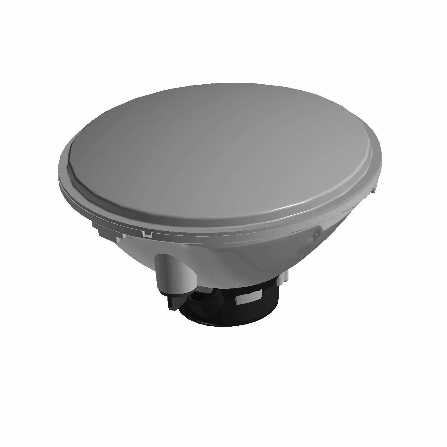 Round gray dual halogen headlight housing with black mounting base and smooth finish.