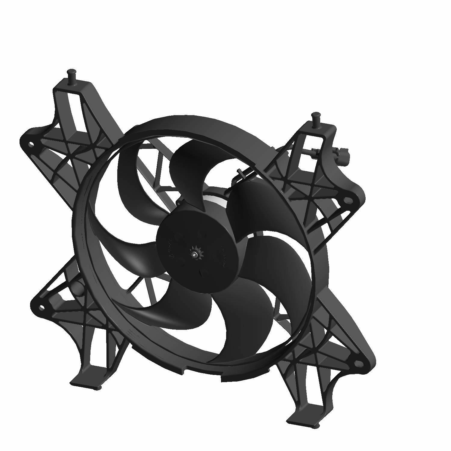 Black plastic electric cooling fan with five curved blades and four mounting brackets.