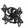 Black plastic electric cooling fan with five curved blades and four mounting brackets.