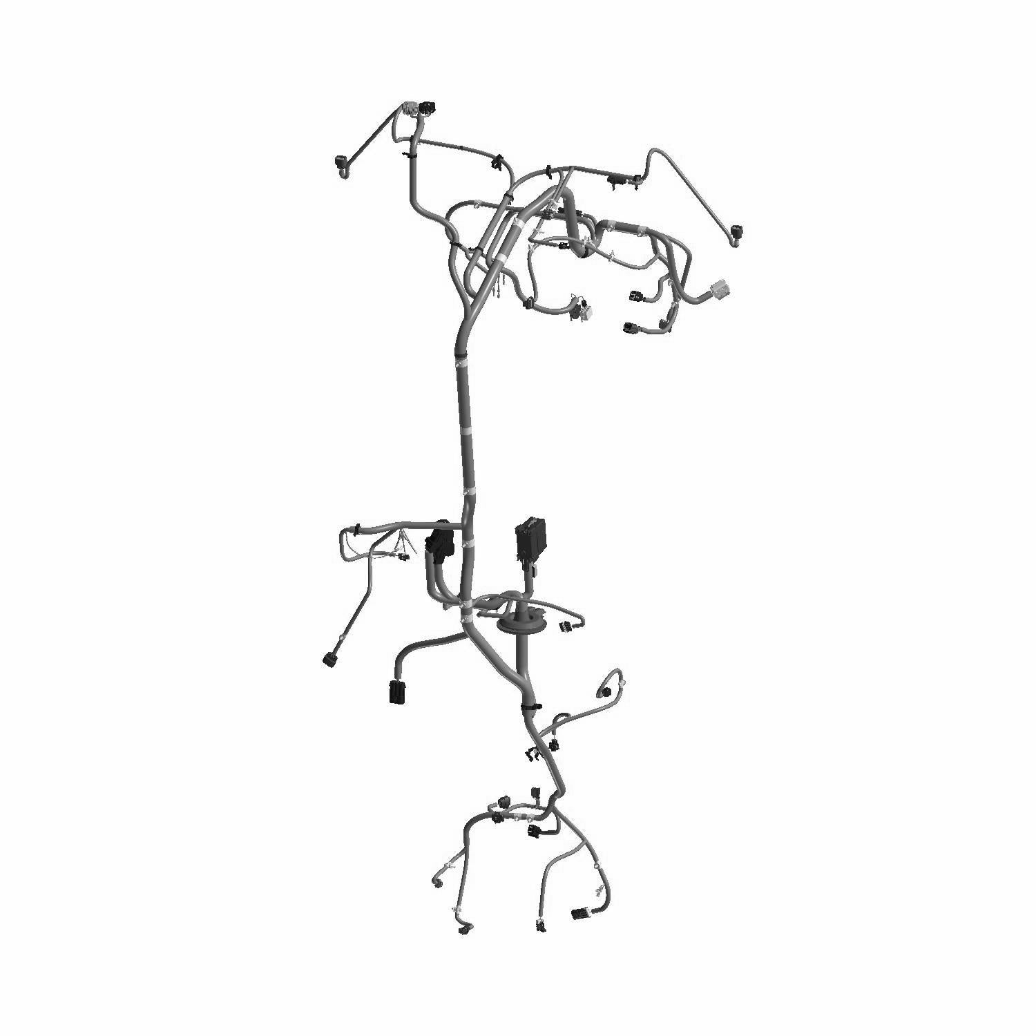 Black molded plastic and rubber automotive wiring harness with multiple connectors and clips for Polaris Ranger 570 Crew UTV.