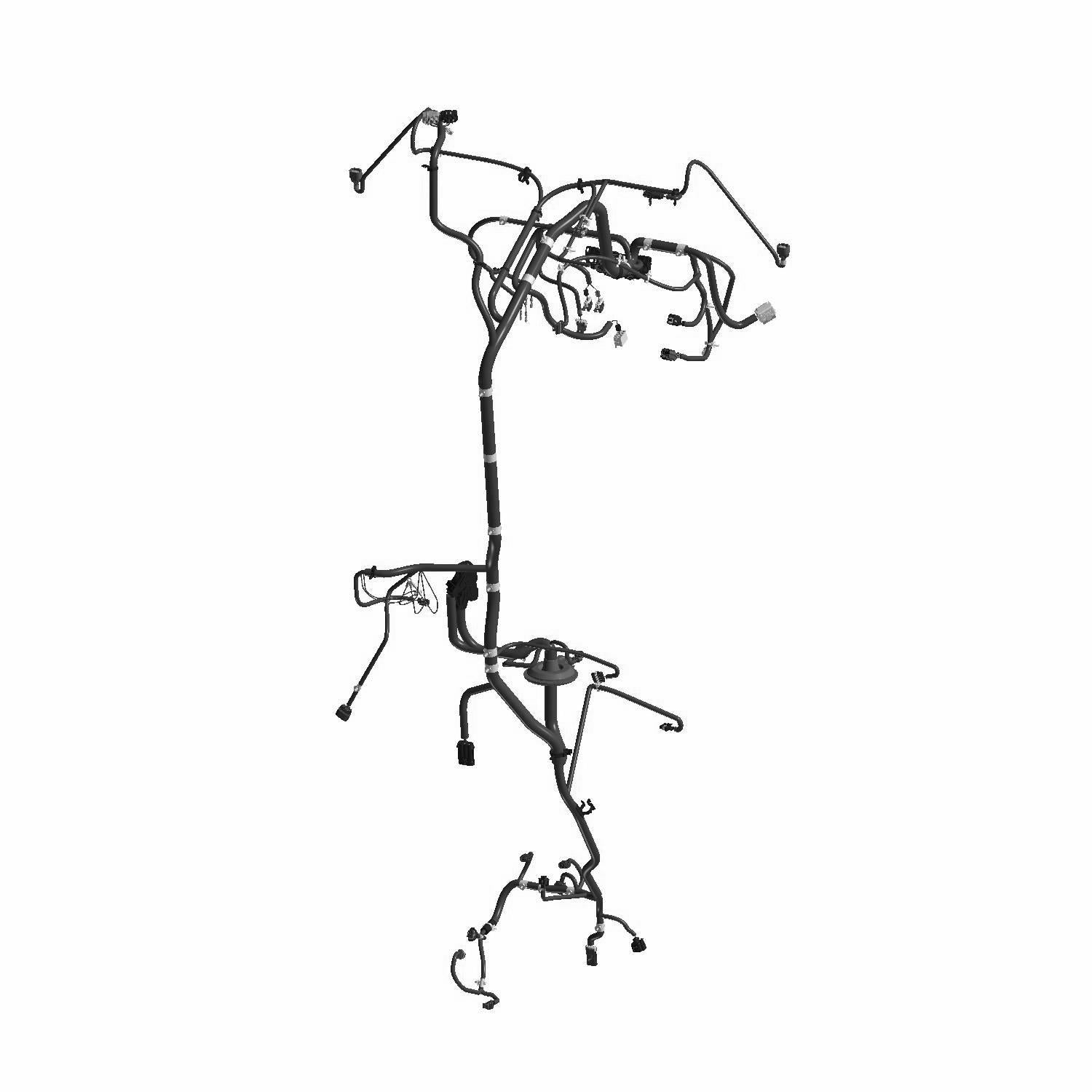 Black metal chassis harness with multiple connectors and wiring branches for offroad vehicle assembly.