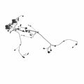 Black complex wiring harness with multiple connectors and integrated electronic module for motorcycle chassis.