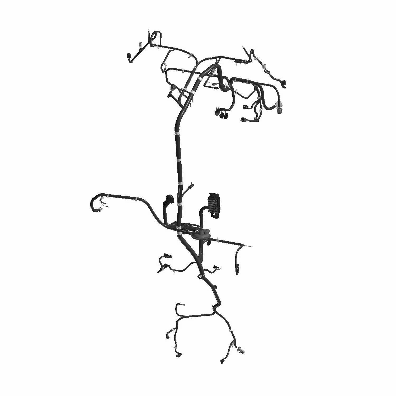 Black wiring harness with multiple connectors and clips for Polaris UTV chassis installation.