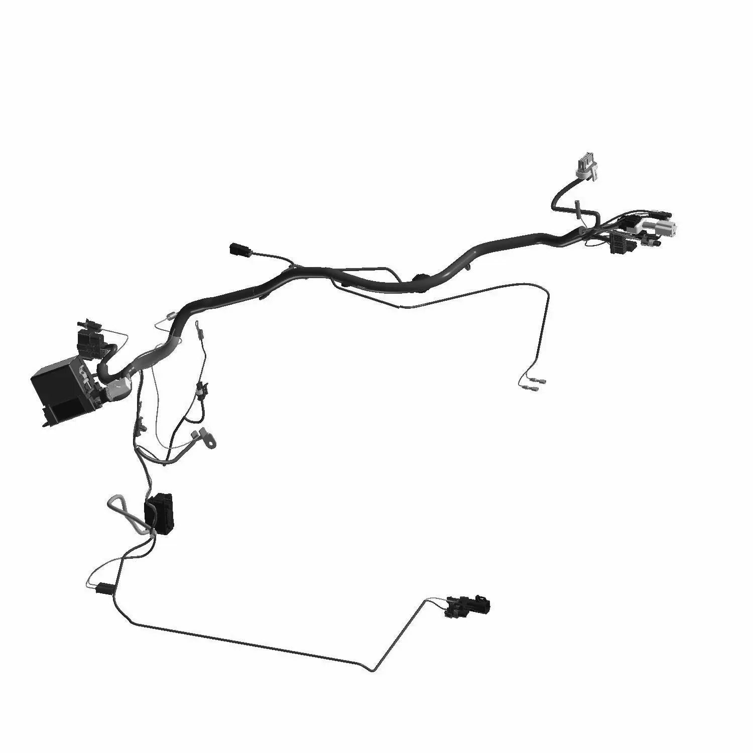 Black molded plastic and metal motorcycle chassis harness with multiple connectors and cables for ABS system integration.
