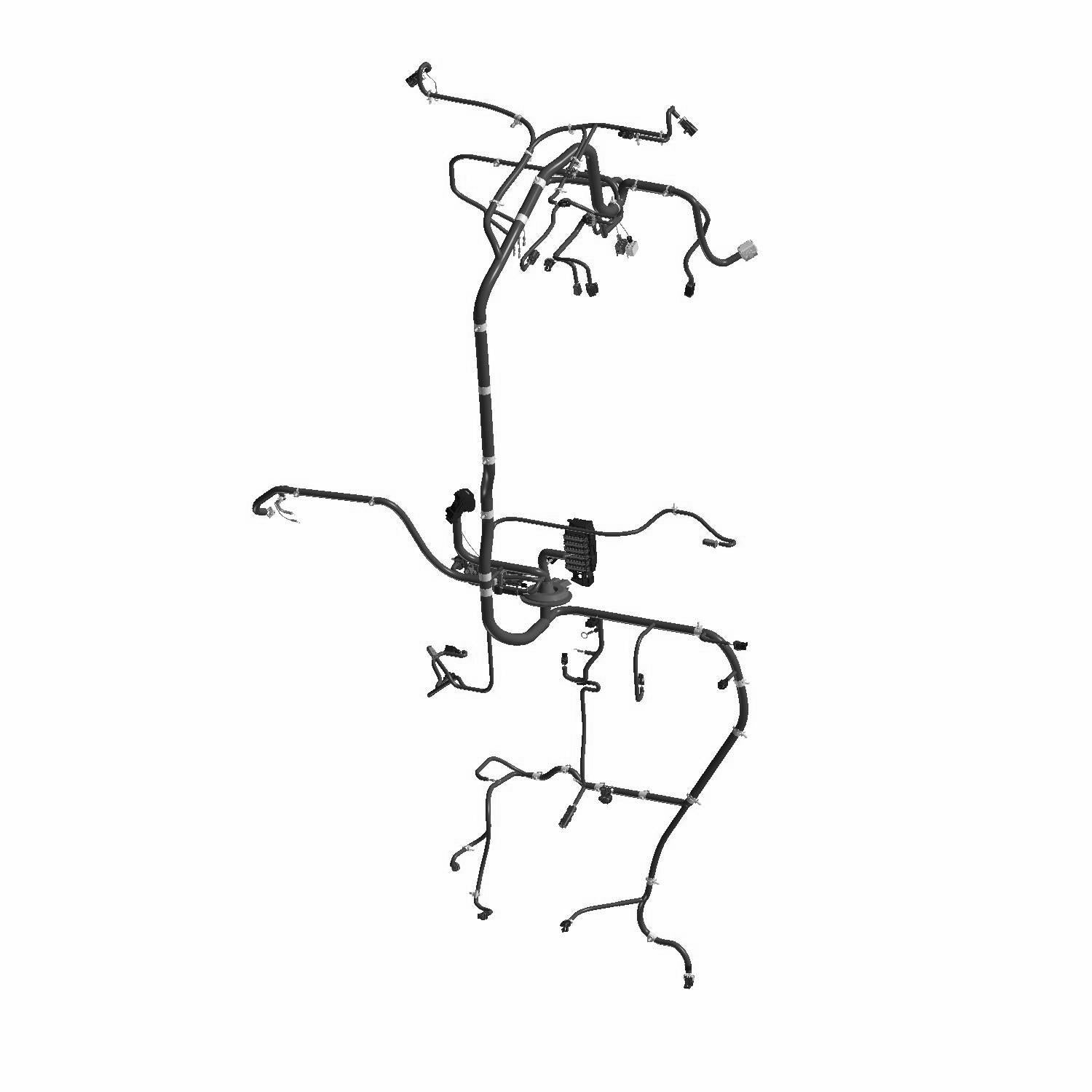 Black molded plastic and rubber UTV chassis wiring harness with multiple connectors and branches for Polaris Ranger Diesel.
