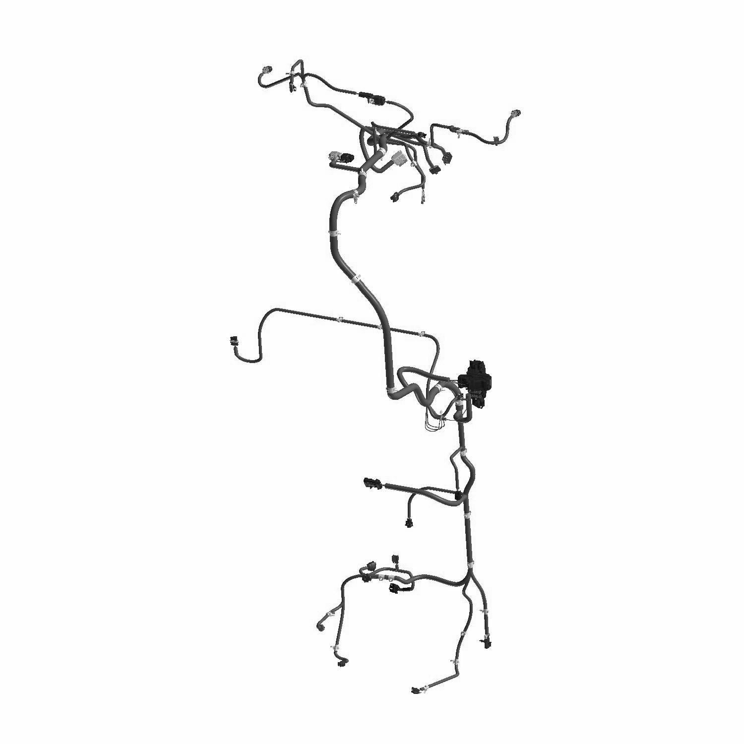 Black tubular metal chassis harness with multiple connectors and mounting points for UTV wiring integration.
