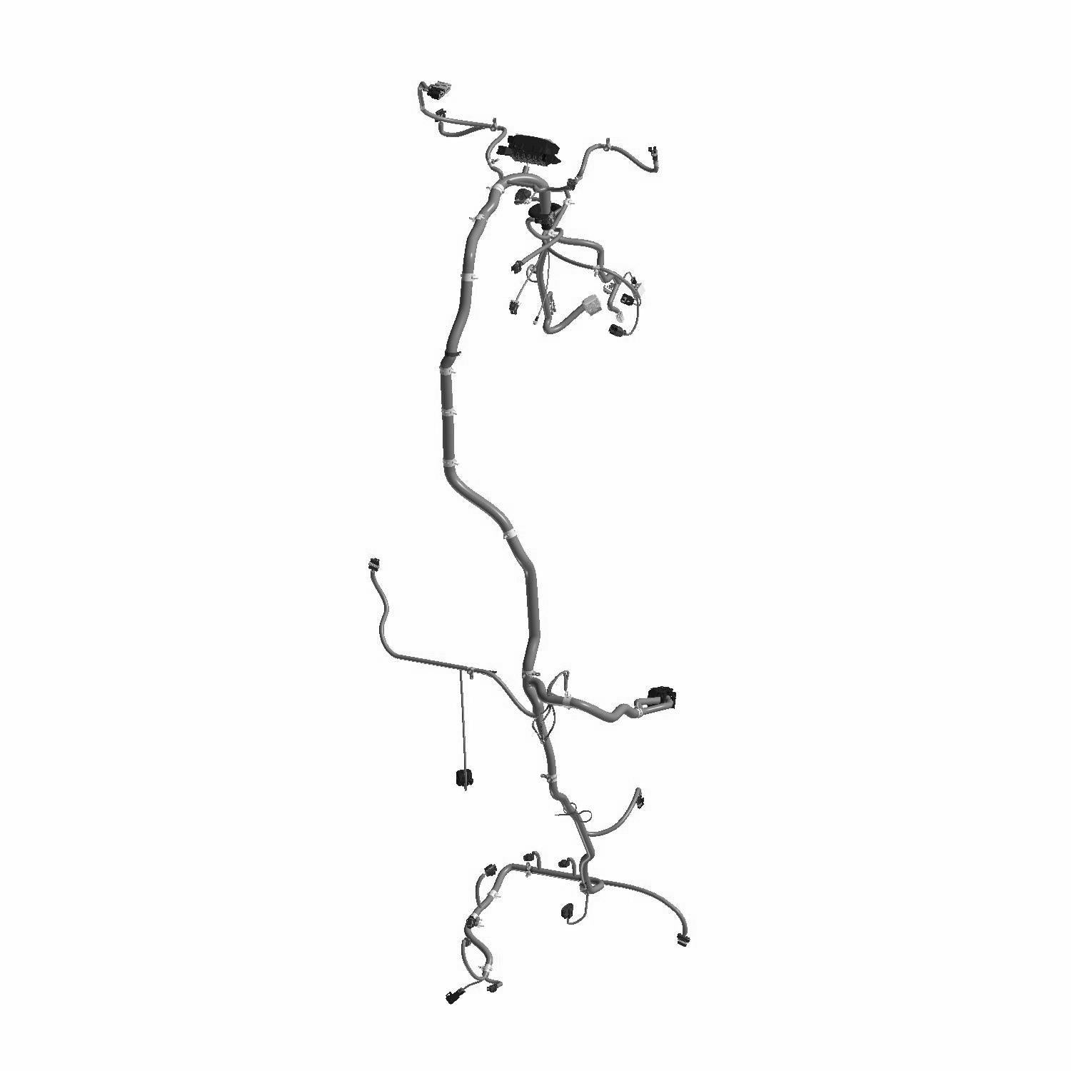 Black and gray vehicle wiring harness with multiple connectors and protective sheathing.