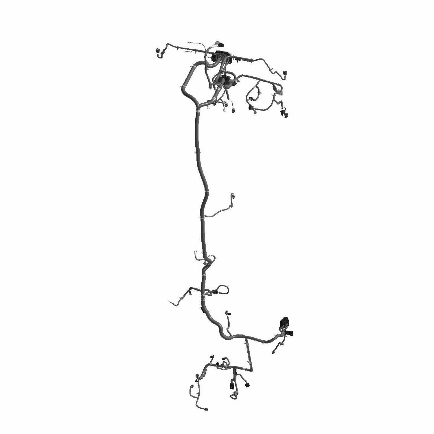 Black multi-branch wiring harness with connectors and clips for off-road vehicle chassis integration.
