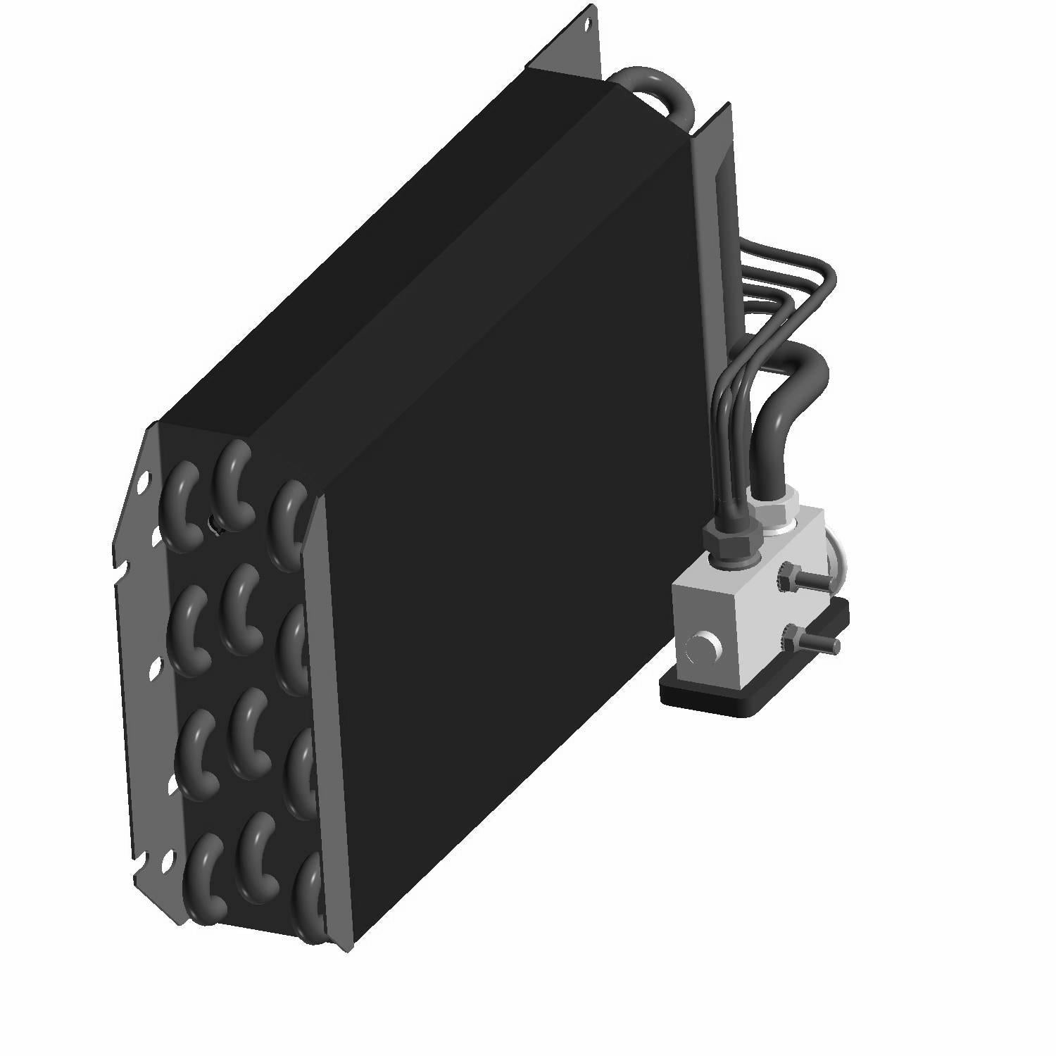 Black metal evaporator coil with cylindrical tubing and a silver mounting bracket on one side.