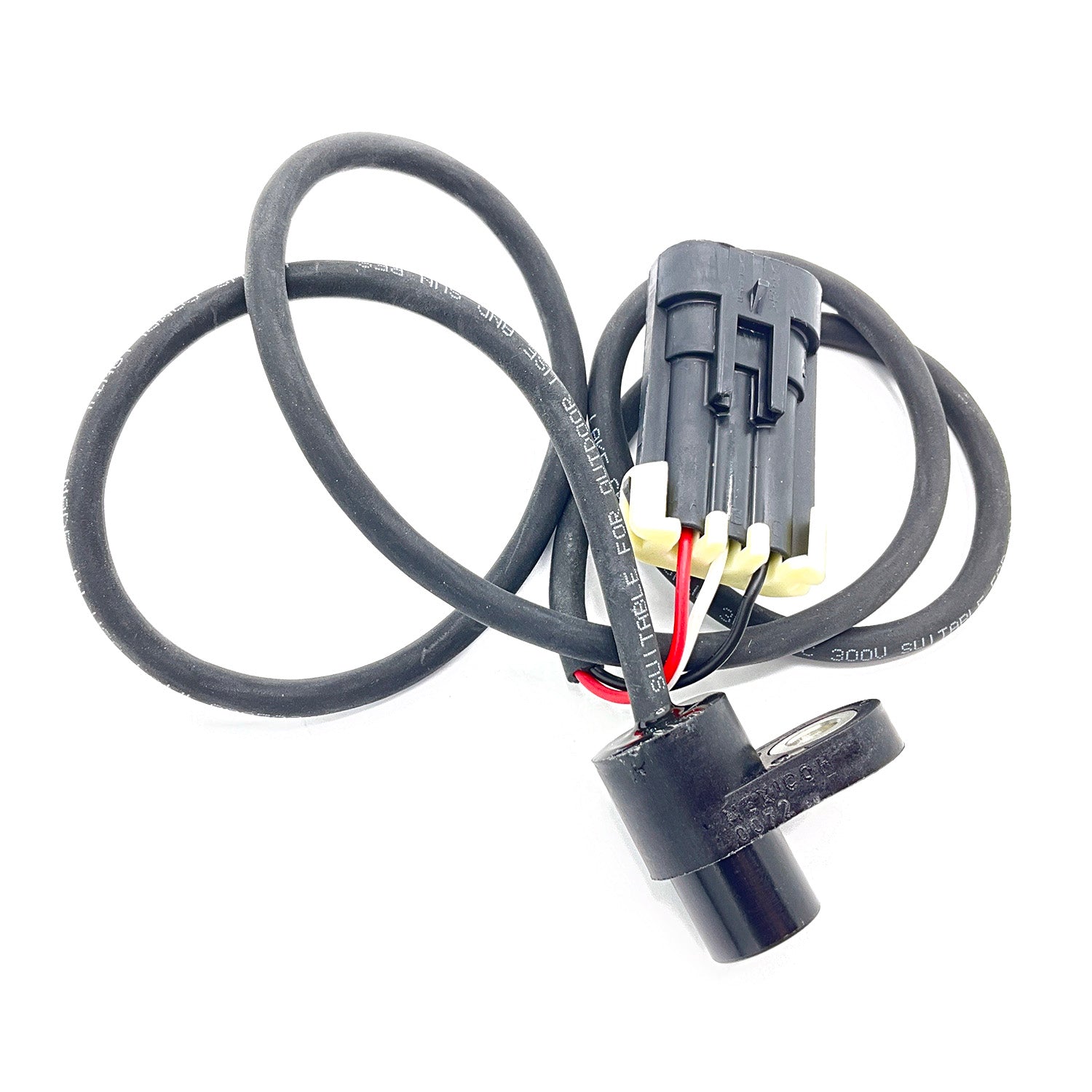 Black cylindrical speed sensor with attached black cable and multi-wire connector plug.