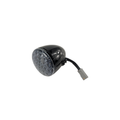 Black rounded rear motorcycle turn signal with multiple LED lights and attached wiring plug.