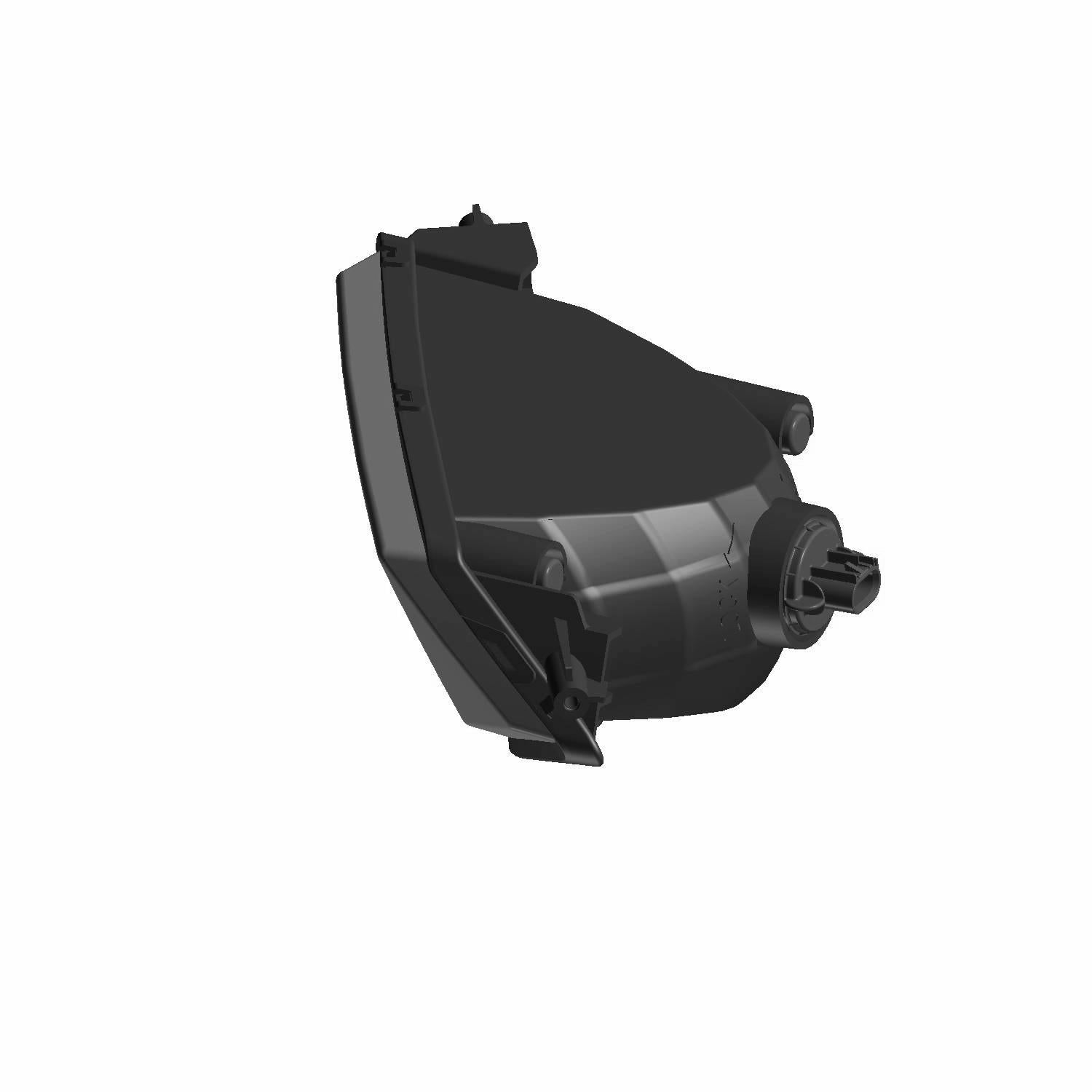 Black plastic left headlight assembly for Polaris Ranger UTV with mounting points and clear lens cover.