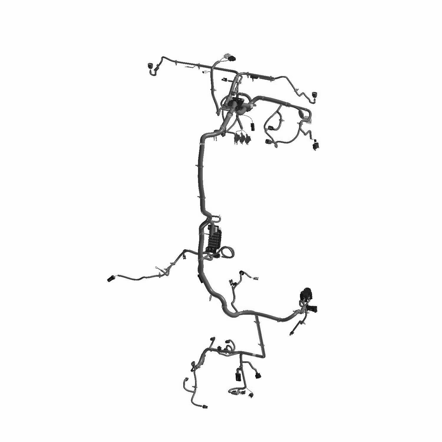 Black complex wiring chassis harness with multiple connectors and protective sheathing for Polaris UTVs.