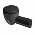 Black plastic rear left motorcycle turn signal with rounded housing and cylindrical mounting arm.