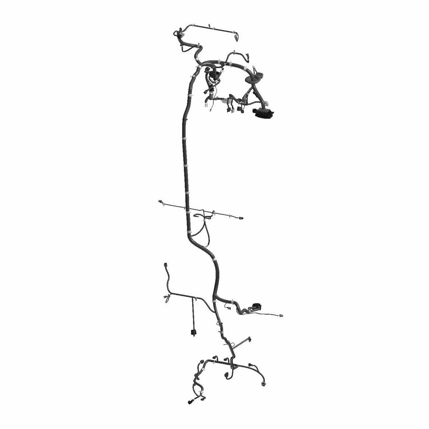 Black wiring harness with multiple connectors and clips designed for Polaris RZR chassis integration.