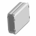 Rectangular silver metal 4-channel amplifier with ridged top and black edges.
