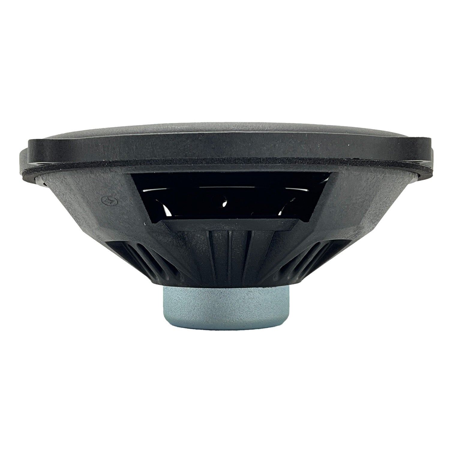 Black round Polaris speaker woofer with metal base and vented design, front view.
