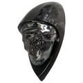 Glossy black motorcycle fender headdress with sculpted chrome skull face detail.