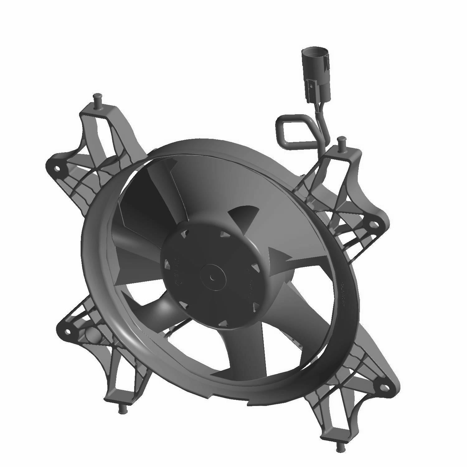 Black brushless fan with five wide blades and four mounting arms, designed for Polaris UTVs.