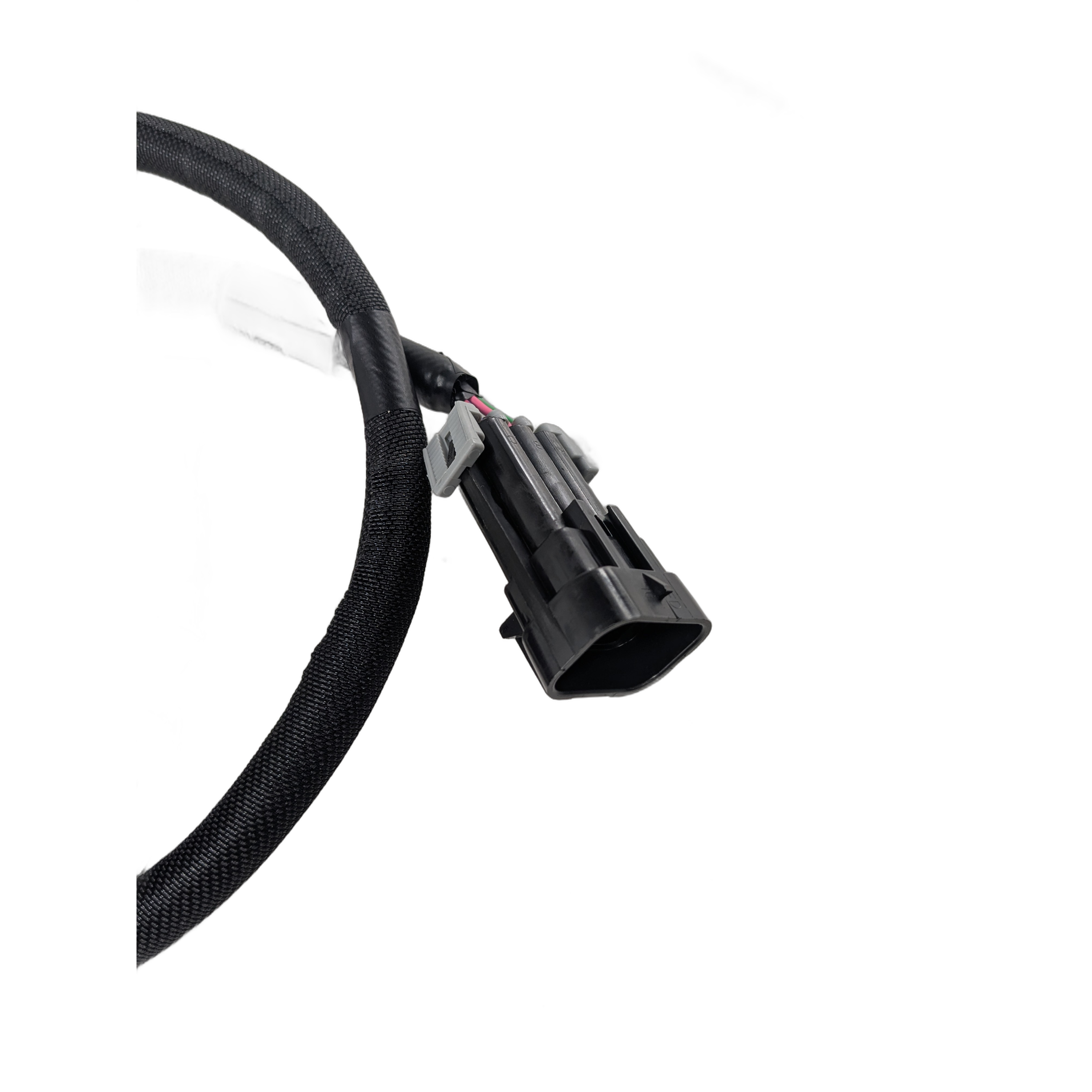 Black wiring harness with protective sleeve and rectangular connector plug with locking tab.