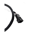 Black wiring harness with protective sleeve and rectangular connector plug with locking tab.