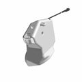 Gray molded plastic front woofer speaker enclosure with integrated mounting points and attached cable connector.