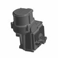 Black metal power steering unit with cylindrical reservoir and finned rectangular housing.