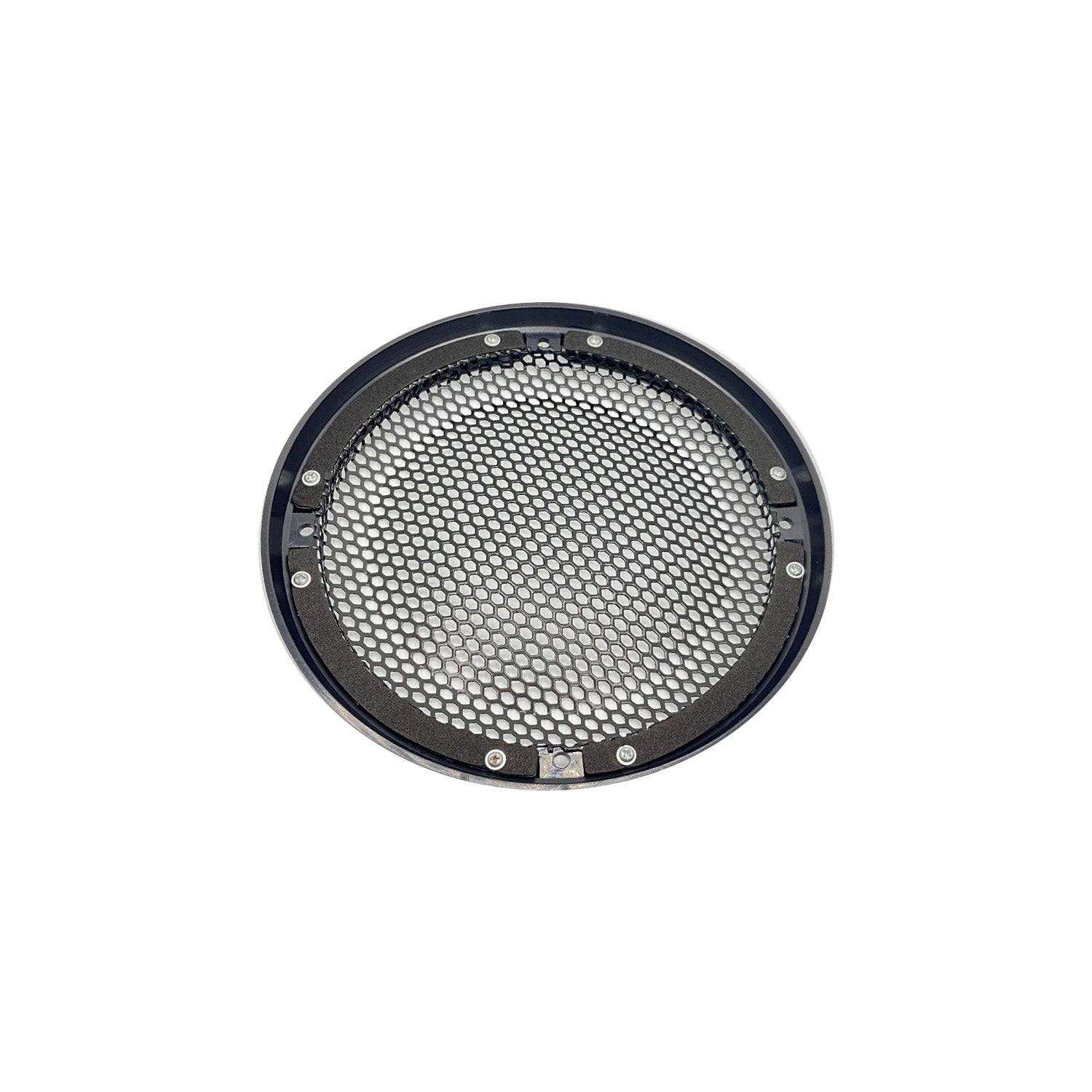 Round black metal grille with honeycomb mesh and mounting holes designed for rear speaker protection.