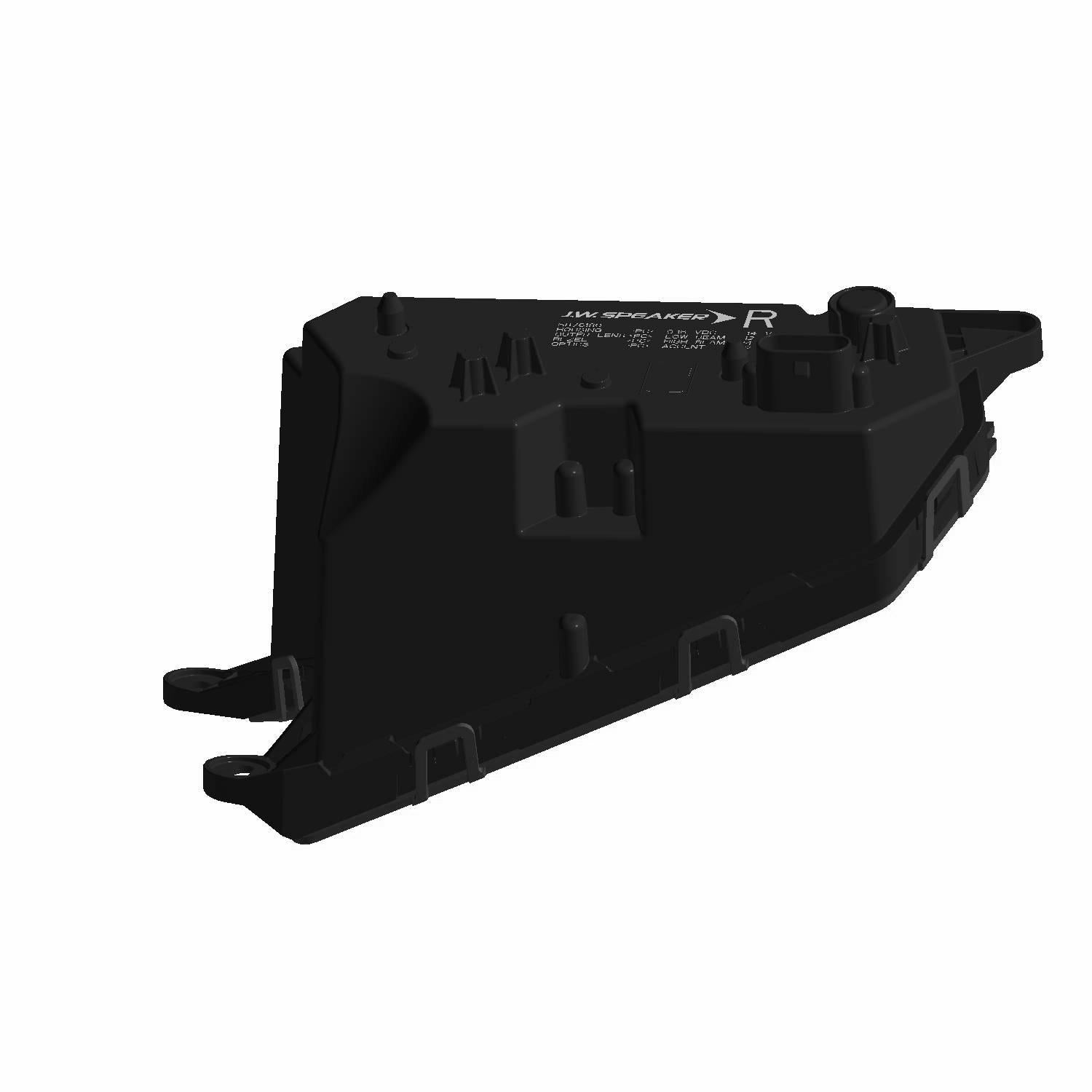 Black angular LED headlight housing with mounting tabs and integrated wiring connector for Polaris UTVs.