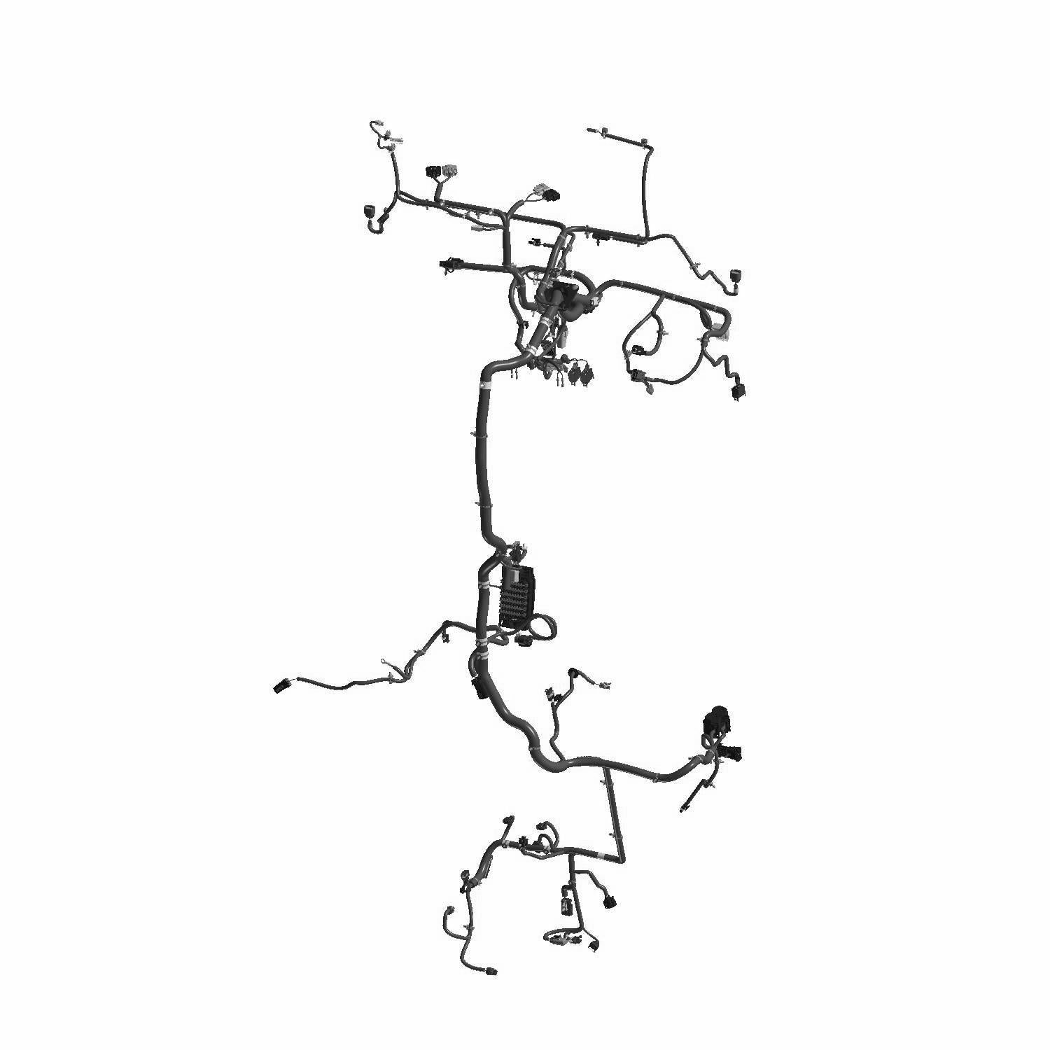 Black complex wiring harness with multiple connectors and branches for Polaris UTV electrical system.