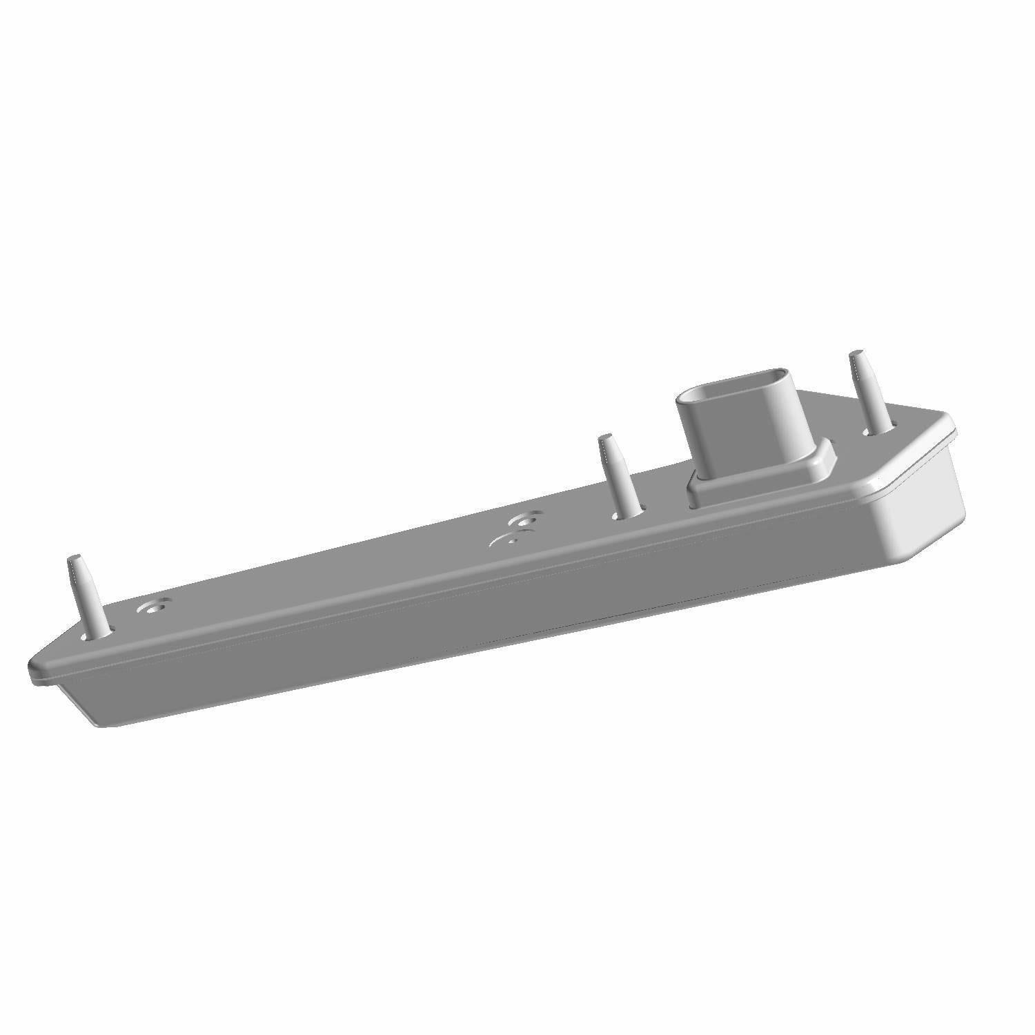 Gray rectangular Polaris tail light housing with mounting studs and a compact connector port on one end.