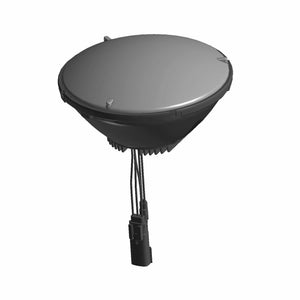 Round black LED motorcycle headlight with wiring harness and connector plug.